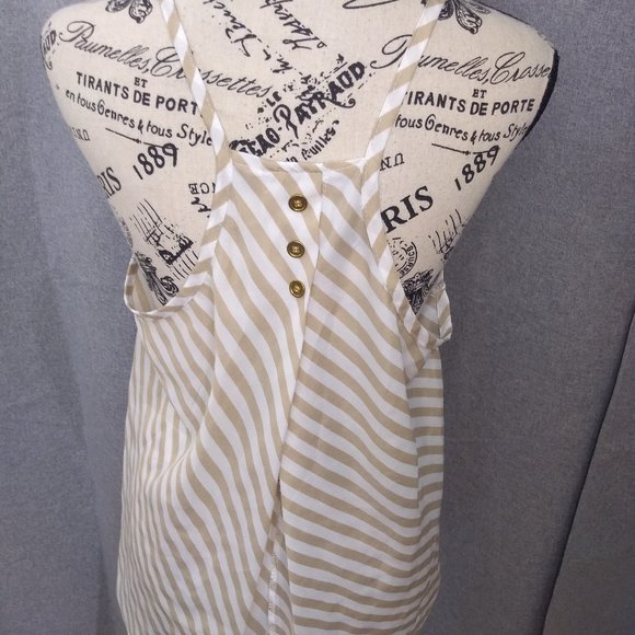 Poetry Tops - Poetry Women's Blouse striped open back gold buttons sleeveless tank Medium